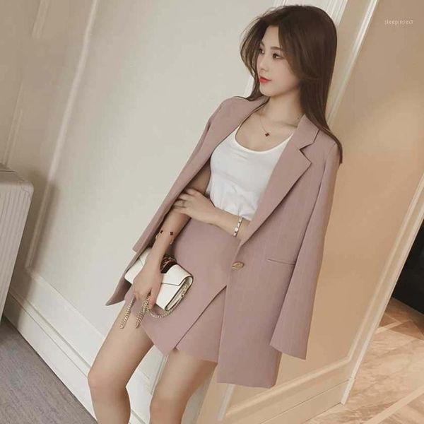 

fashion 2020 women skirt suits single button notched striped blazer jackets slim mini skirts two pieces sets female sets1, White;black