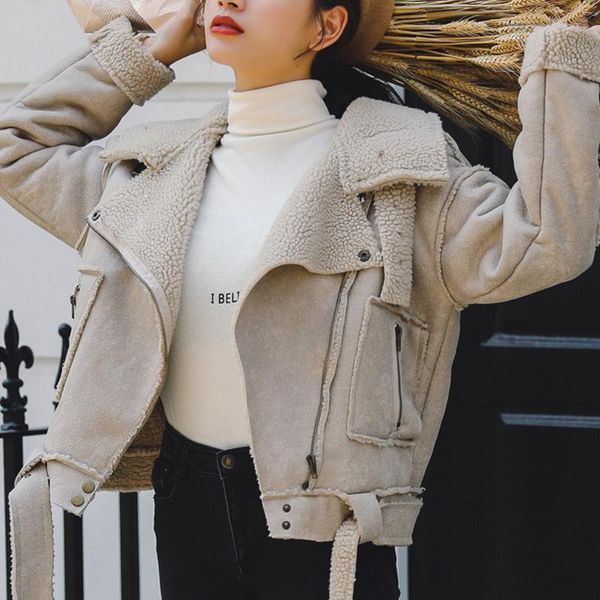 

ailegogo new winter women thick warm faux lamb lether jacket with belt turndown collar streetwear loose sheepskin coat outwear, Black