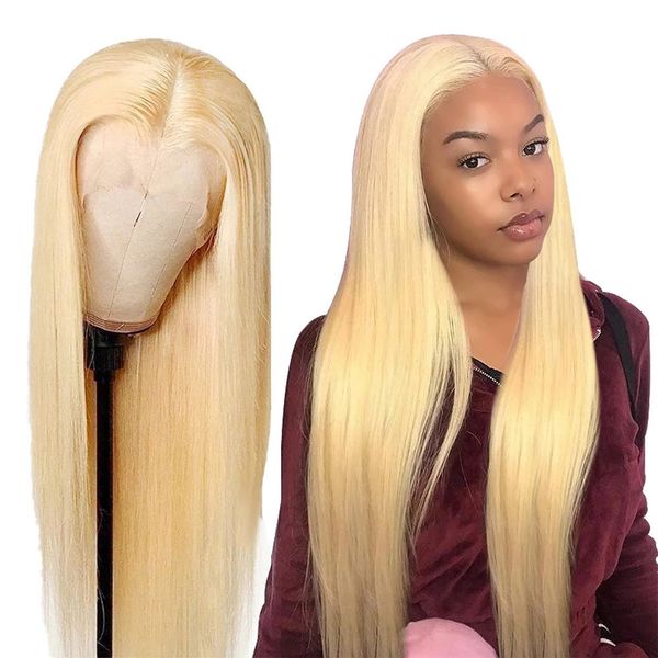 

613 blonde hd frontal brazilian straight transparent 13x4 lace front human wigs pre plucked with baby hair, Golden;white