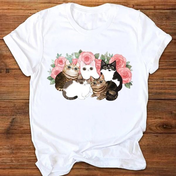 

women graphic cat watercolor cartoon animal fashion casual printing print clothes lady tees female t shirt womens t-shirt, White