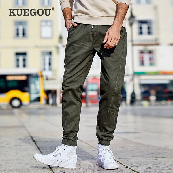 

kuegou 100% cotton army green men's casual pants beam foot bib overall autumn winter leisure fashion korea edition slim uk lj201007, Black