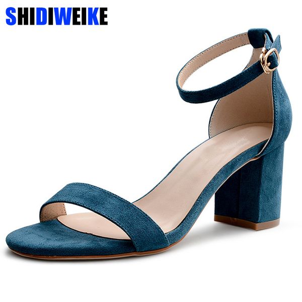 

black beige pink concise new women shoes buckle flock leather heel sandals square heel high heels shoes big size 34-40 m921 y200623
