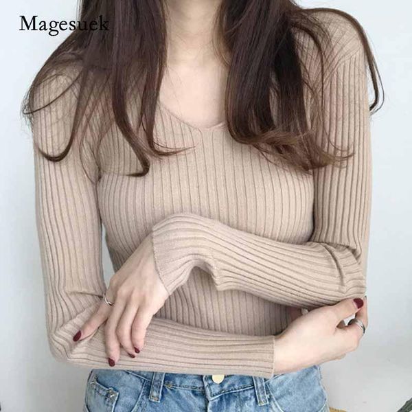 

women's sweaters 2021 autumn winter fashion v-neck sweater women knit slim warm pullover solid long sleeve clothes blusas 103081, White;black