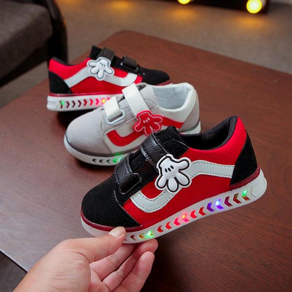 

new 2020 cartoon finger led shoes kids cute soft baby girls boys sneakers lovely hook&loop children shoes, Black