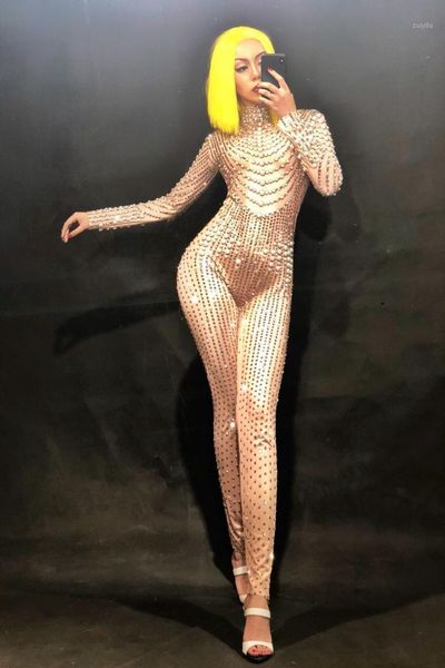 

2019 women new sparkling pearls rhinestone jumpsuit nightclub party dancer singer performance bodysuit stage wear costume1, Black;white