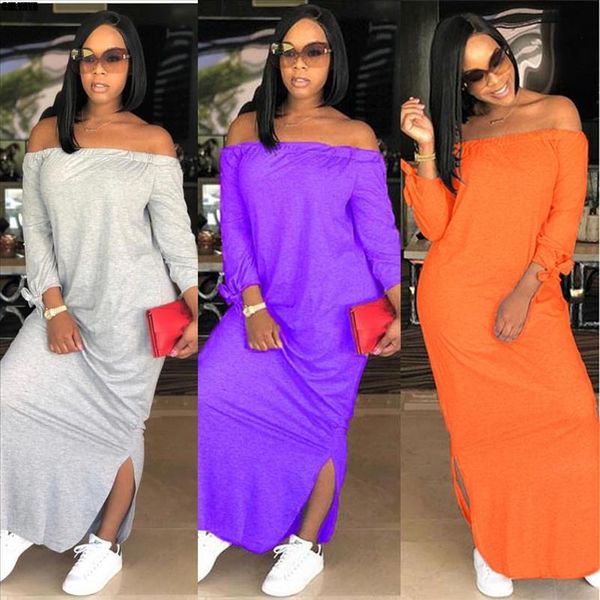

women new off shoulder slash neck fashion split side slim long maxi dress vestidos cx009, Black;gray