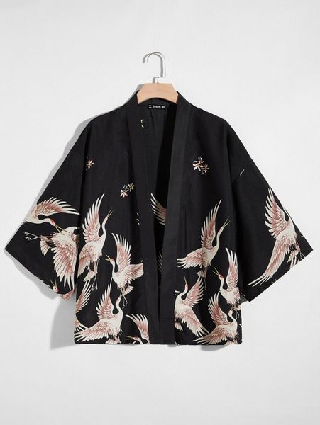 

men swan & floral print kimono f5k2#, White;black