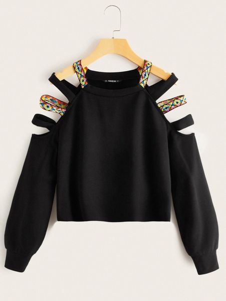 

laddering cut out shoulder pullover q4xd#, White;black