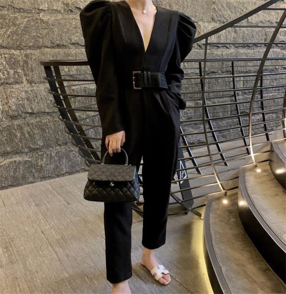 

women's jumpsuits & rompers autumn v-neck long-sleeved design high-waist puff sleeve jumpsuit pants slim straight trousers casual femal, Black;white