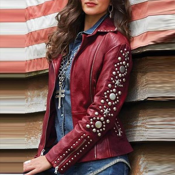 

womens ladies solid lapel zip jacket long sleeve coat new look studs short biker outerwear streetwear stunning coat, Black;brown