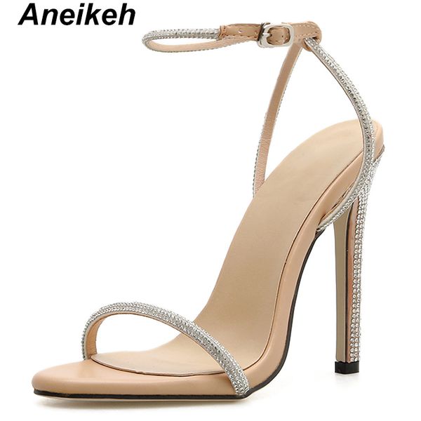 

aneikeh summer 2019 concise pu women heeled sandals ankle buckle strap thin high heels round toe party apricot black size 35-40 q1110