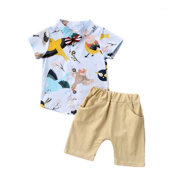 

baby boys clothing short sleeve suits bird print bow tie with button solid color pocket shorts boys suits formal kids set1, White