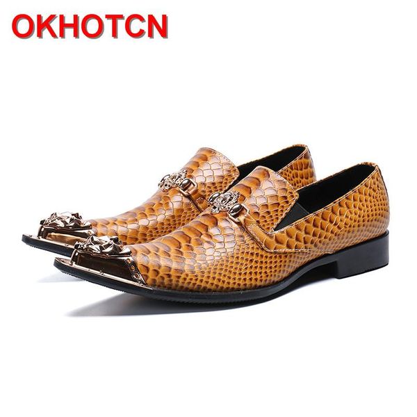 

fashion mens brown leather shoes vintage italian designer men shoes slip on wedding dress pointed metal toe and gold hoops, Black