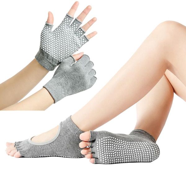 

sports fitness yoga socks and gloves set five-toe anti-skid breathable glove socks set &t8, Black