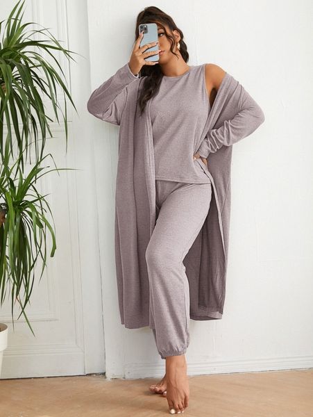 

plus solid sleep tank & sleep pants & robe p7rr#, Black;white