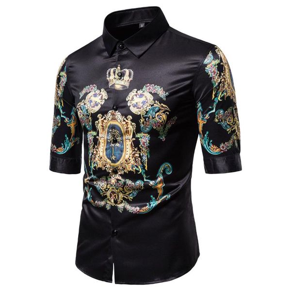 

men shirt personality retro print middle sleeve blouse male british style slim shirts summer new arrival, White;black