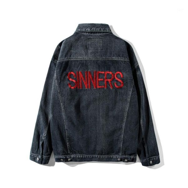 

sinners embroidery destroyed skinny slim denim jacket men women cowboy men's jean jacket chaqueta hombre1, Black;brown