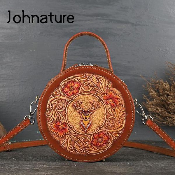 

johnature vintage genuine leather circular handmade carved women handbag 2020 new cowhide shoulder&crossbody bags