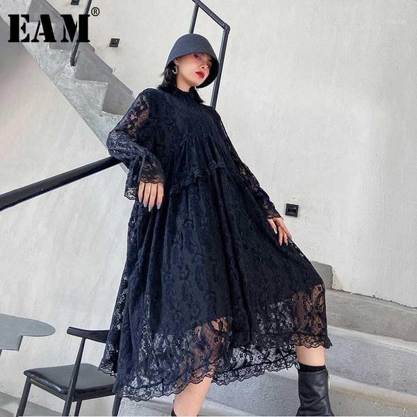 

eam] women black lace split big size long dress new stand collar long sleeve loose fit fashion tide spring autumn 2020 1z0471, Black;gray