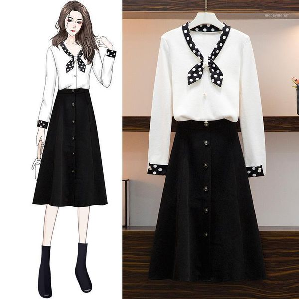 

autumn bowknot single breasted knitted cardigan sweater swing midi solid skirt casual women's suit dress1, Gray