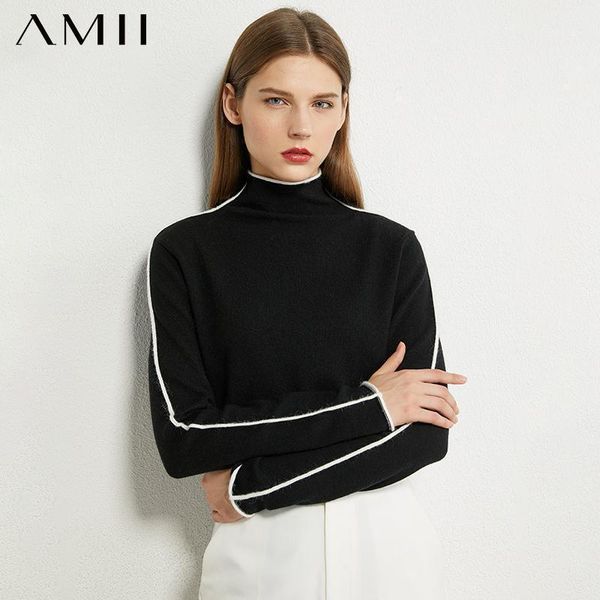 

amii minimalism autumn winter sweater for women causal spliced slim fit women's turtleneck sweaters sweaters for female 120403031, White;black