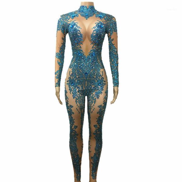 

blue stones sparkly jumpsuit fashion nude stretch dance costume one-piece bodysuit nightclub oufit party leggings1, Black;red
