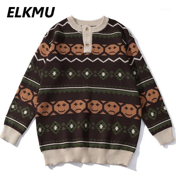 

men's sweaters elkum vintage ugly knitted christmas geometric patterns jumper oversize hip hop harajuku casual buttons sweater he4191, White;black