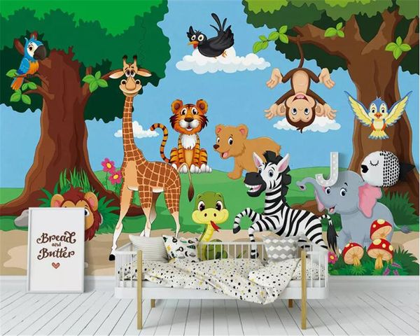 Beibehang papel de parede para quarto de crianças dos desenhos animados da floresta Tiger girafa monkey animal fundo da parede de papel de Parede 3d mural