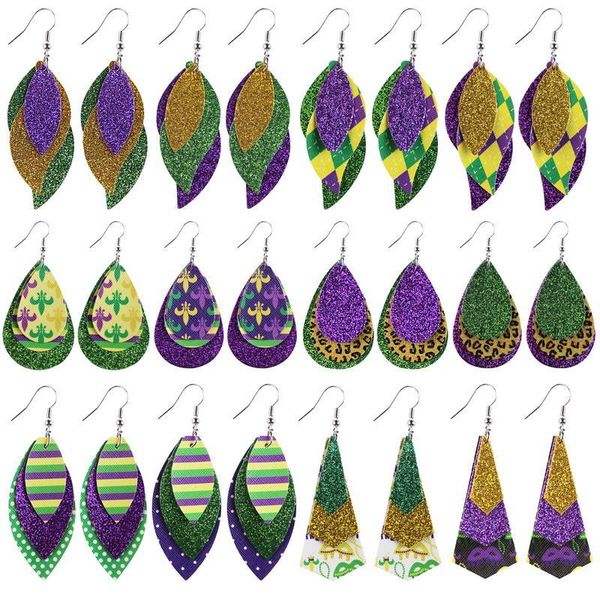 

Mardi Gras Holiday Earrings for Women purple green and gold Leather Earrings Brincos Carnival Mardi Gras Merchandise, Silver