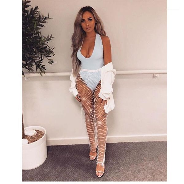 

fashion women high waist fishnet see through diamond shiny elastic beach bikini cover ups pants party club long trousers1, White;black