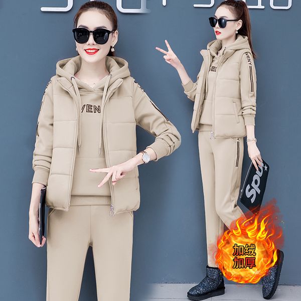

autumn and winter new fashion women suit women's tracksuits casual set with a hood fleece sweatshirt three pieces set 201007, White