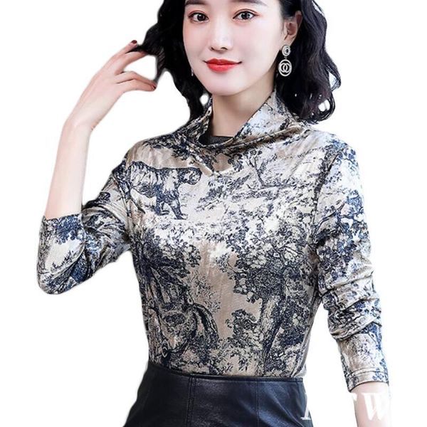 

women's blouses & shirts vintage print velour blouse women long sleeve turtleneck korean 2021 plus size camisas mujer, White