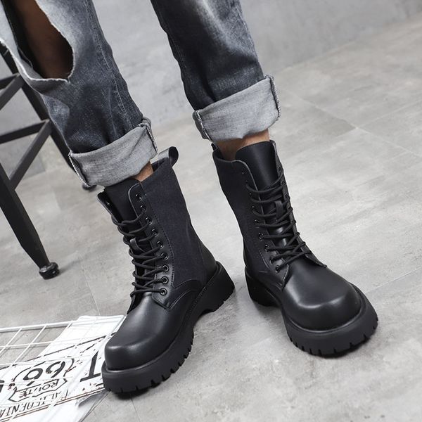 

round head thick heel high men's shoes spring and autumn winter black front lace up casual martin boots trend personalized new single