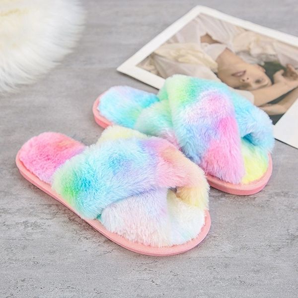 

swqzvt new open toe women slippers cross rainbow colors fur house female slippers tie-dye floor sleeping women winter shoes y201026, Black