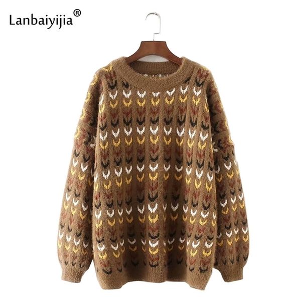 

lanbaiyijia o-neck lantern long sleeve colorful loose women sweaters fashion autumn thick women pullovers sweaters lj201113, White;black