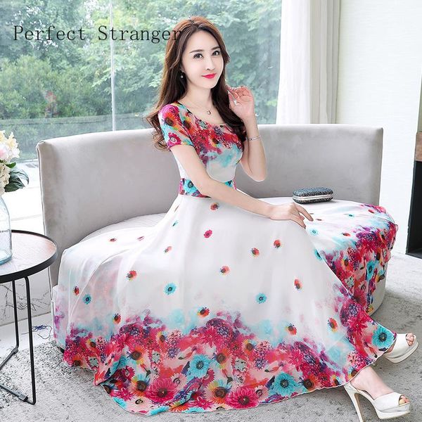 

2020 new arrival round collar short sleeve flower printed chiffon women long dress plus size1, Black;gray