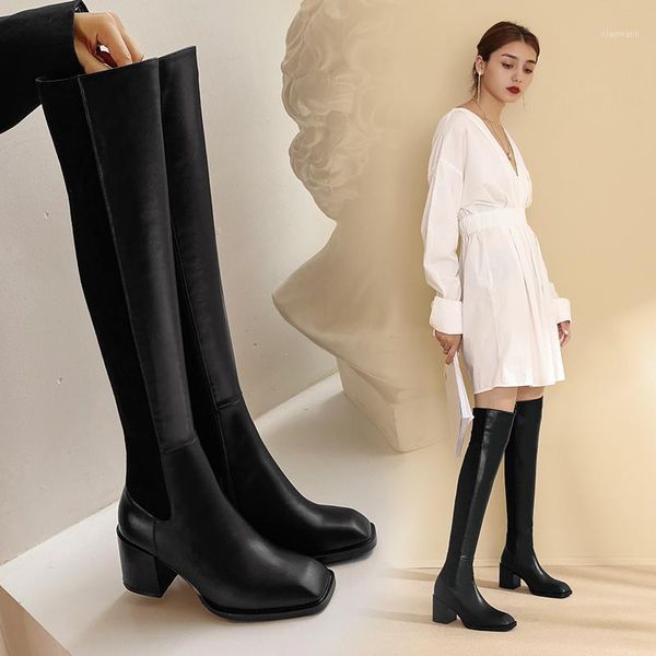 

2020 autumn winter square head warm leather boots all match fashion black thin leg high boots skinny stretch x5181