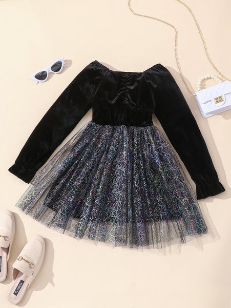 

girls contrast mesh ruched bust velvet dress she, Red;yellow