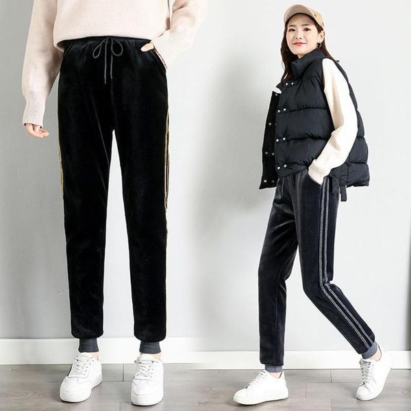 

women autumn thickened trousers striped sides casual elastic waist sports pants1, Black;white