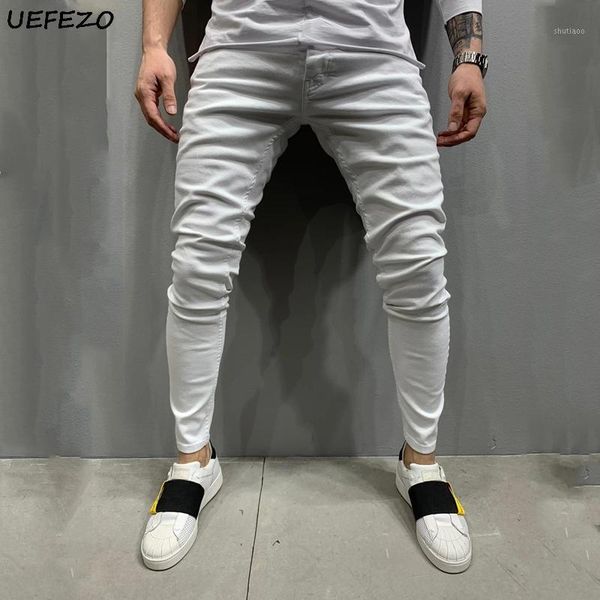 

uefezo new men autumn ripped jeans fashion casual slim fit straight high stretch feet skinny jeans male white trousers1, Blue