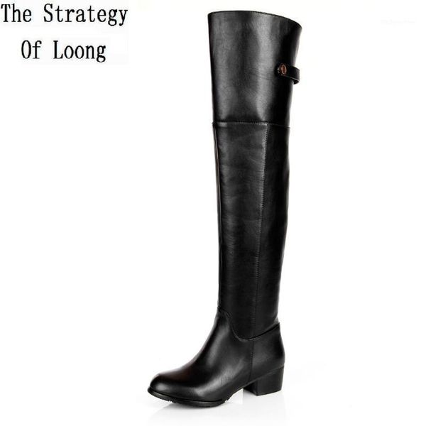 

boots genuine leather women winter long over the knee buckle low heel 2021 fashion flat plus size 34-45 sxq10041, Black