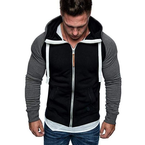 

sweatshirt men new casual slim fit hoodies male long sleeve zipper patckwork hoodie men sportswear hoody clothing, Black