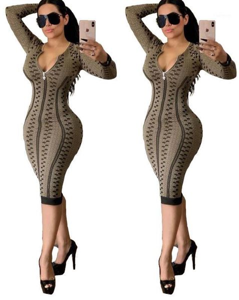 

women zipper geometric print long sleeve bodycon midi dress autumn 2020 night club party stretch skinny dresses vestidos1, Black;gray