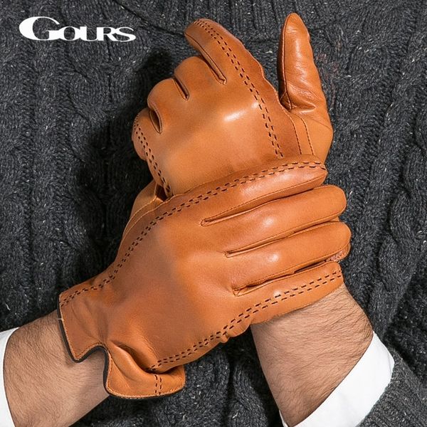 

gours winter men' genuine leather gloves new brand touch screen gloves fashion warm black gloves goatskin mittens gsm012 y200110, Blue;gray