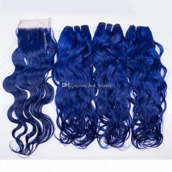 

water wave human hair weaves blue lace closure with bundles 3 bundles deals peruvian virgin human hair extensions blue hair, Black