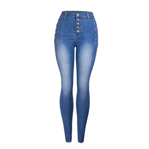 

new arrived eu size button jeans women`s plus size high waist stretchy denim skinny pants jeans for women, Blue