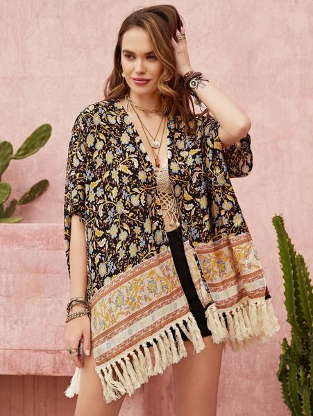 

rusttydustty floral print fringe hem kimono h4c3#, White;black