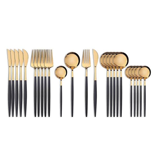 

24pcs 18/10 stainless steel dinnerware set black gold cutlery spoon fork knife western cutleri silverware tableware set supplies