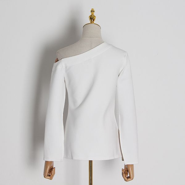 

2020 spring women's new european and american wild color matching solid color ladies split long sleeve sh, White