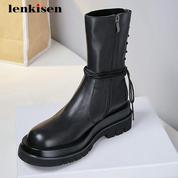 

lenkisen personality fashion real leather european style cross-tied round toe high heel zipper brand basic mid-calf boots l3f8, Black